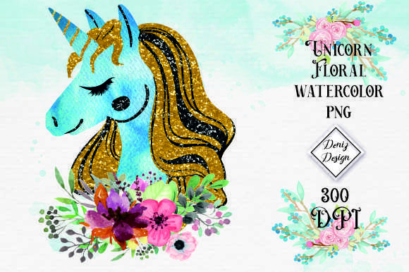 ClipArt Unicorn Floral Watercolor PNG