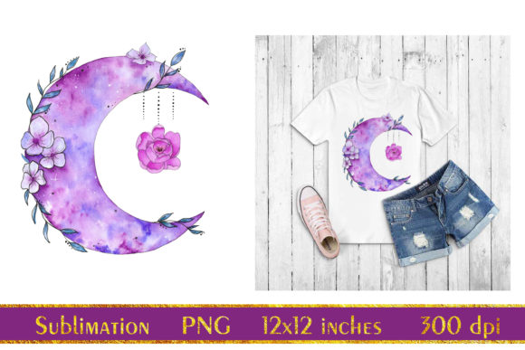 Moon Sublimation, Watercolor Moon, Floral